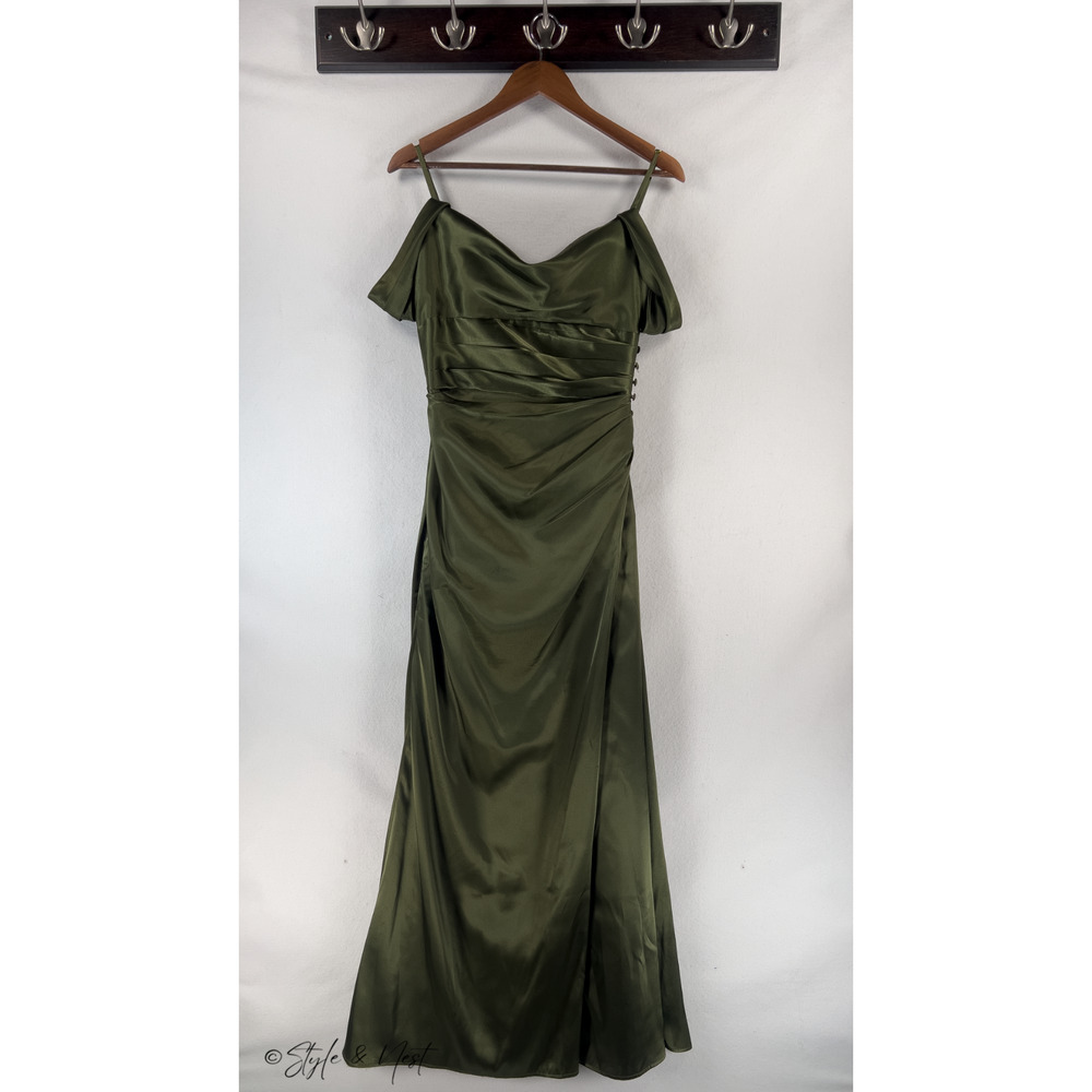 David's Bridal Olive Green Gown Charmeuse Cowl Dress Bridal Prom Size 8